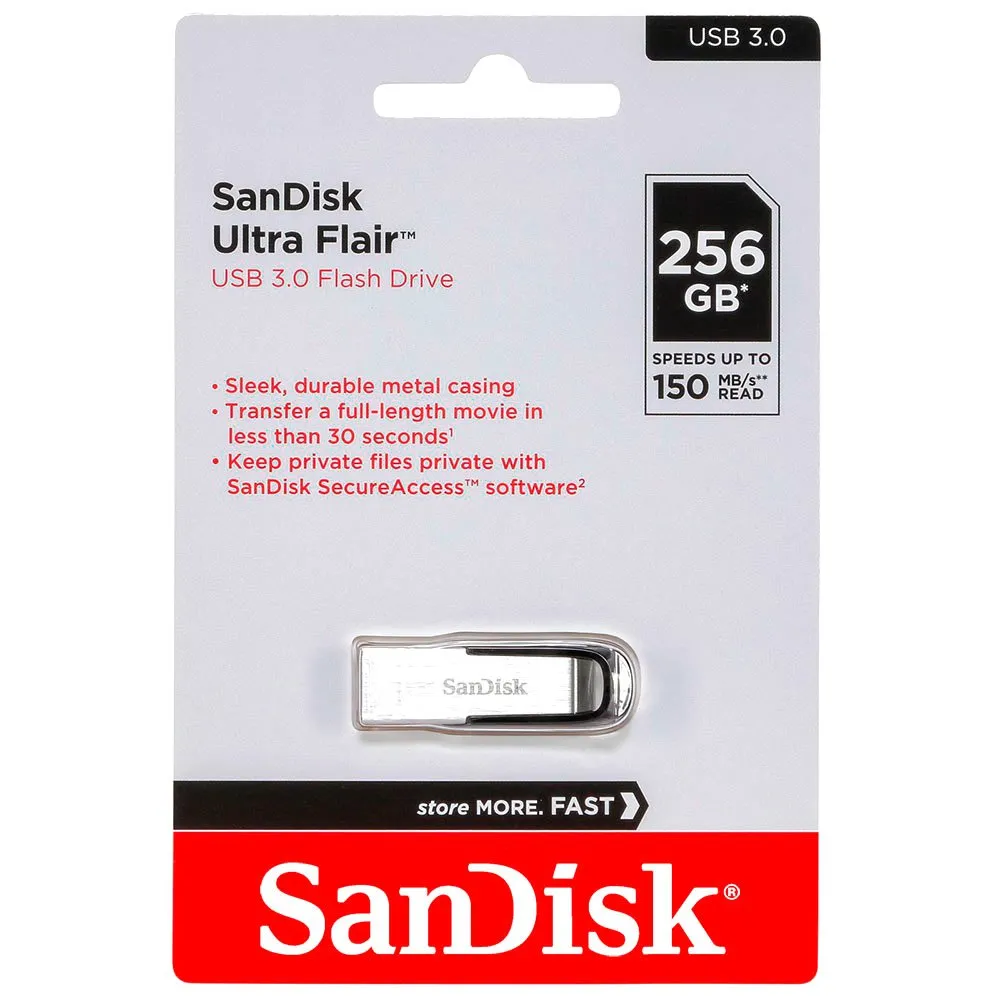 SanDisk Ultra Flair 256GB USB 3.0 - Pendrive Rápido con Velocidades de Lectura de Hasta 150 MB/s, Diseño Elegante y Compacto para Almacenamiento Seguro y Portátil